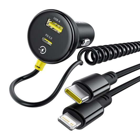 Baseus Circular Plastic Car Charger 60W + Spring Cable (Type-C & Lightning) - شاحن سيارة من باسيوس مع كيبل سبرنق تدعم ٦٠ واط