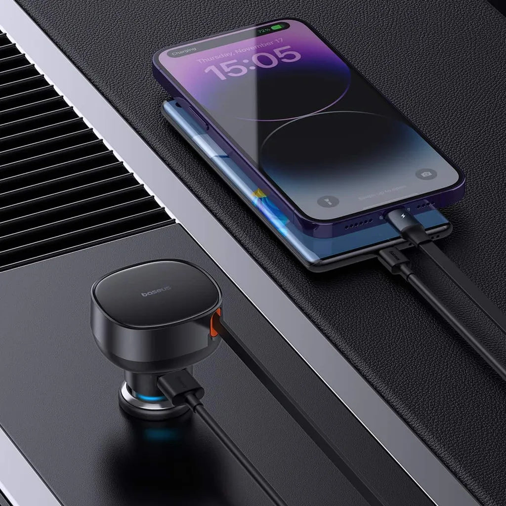 Baseus Enjoyment Pro Car Charger U+Retractable iP Cable 55W Black - شاحن سيارة من باسيوس مع كيبل قابل للسحب ايفون تدعم ٥٥ واط