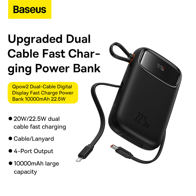 Baseus QPow2 Dual-Cable Power Bank 10000mAh 22.5W Black (With Cable C 0.3m) - باوربنك باسيوس مع كيبلين مدمجين ٢٢.٥ واط