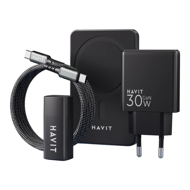 Havit 2024 gift kit EU Power bank black+gray - طقم هدايا باور بنك أسود ورمادي مع ملحقات شحن من هافيت اسود