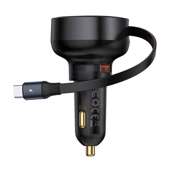 Baseus Enjoyment Pro Car Charger U+Retractable Type-C Cable 60W Black - شاحن سيارة باسيوس إنجويمنت برو مع كابل تايب سي قابل للسحب بقوة 60 واط – أسود