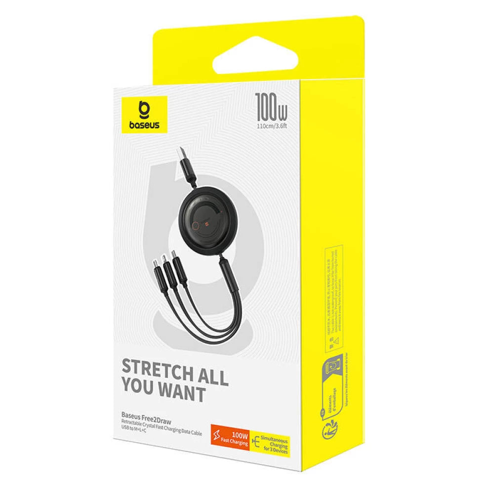 Baseus 3-in-1 Free2Draw USB to M+L+C 100W Cable 1.1 m - كيبل باسيوس ثلاثي يدعم ١٠٠ واط