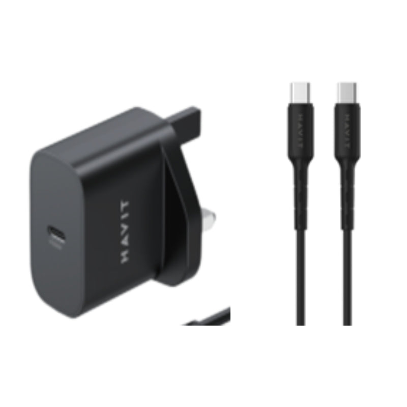 Havit ST712 UK charger and C to C cable 20W Black - شاحن 20 واط مع كيبل تايب سي تايب سي 30 واط من هافيت اسود