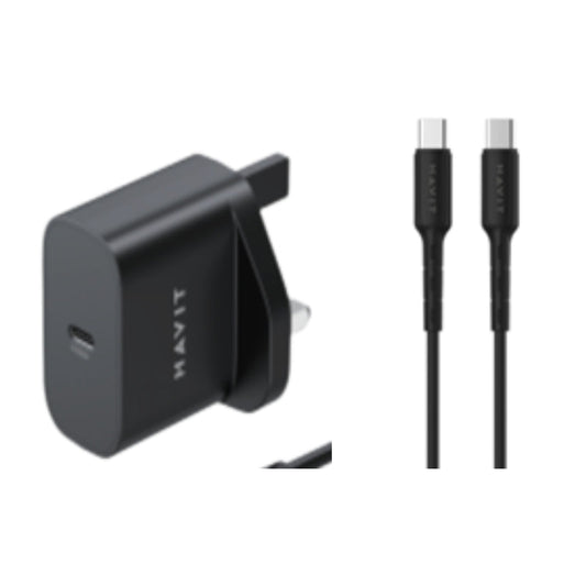 Havit ST712 UK charger and C to C cable 20W Black - شاحن 20 واط مع كيبل تايب سي تايب سي 30 واط من هافيت اسود