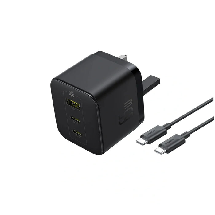 Baseus Palm Charger 2C+U 65W UK Black (With Cable‏C→C‏100W‏1m‏Black)-شاحن باسيوس بالم بمنفذين تايب سي ومنفذ يو إس بي بقوة خمسة وستين واط بمقبس بريطاني باللون الأسود مع كيبل من تايب سي إلى تايب سي بقوة مئة واط وطول متر واحد