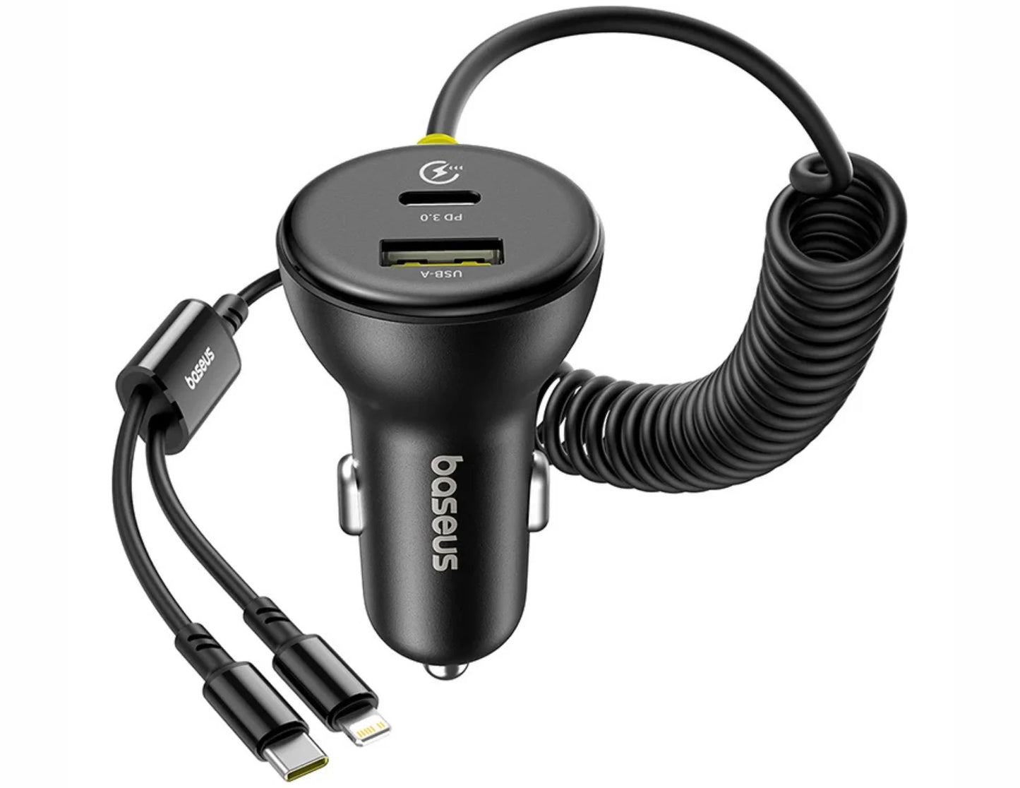 Baseus Circular Plastic Car Charger 60W + Spring Cable (Type-C & Lightning) - شاحن سيارة من باسيوس مع كيبل سبرنق تدعم ٦٠ واط