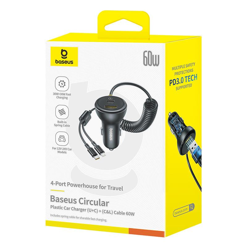 Baseus Circular Plastic Car Charger 60W + Spring Cable (Type-C & Lightning) - شاحن سيارة من باسيوس مع كيبل سبرنق تدعم ٦٠ واط