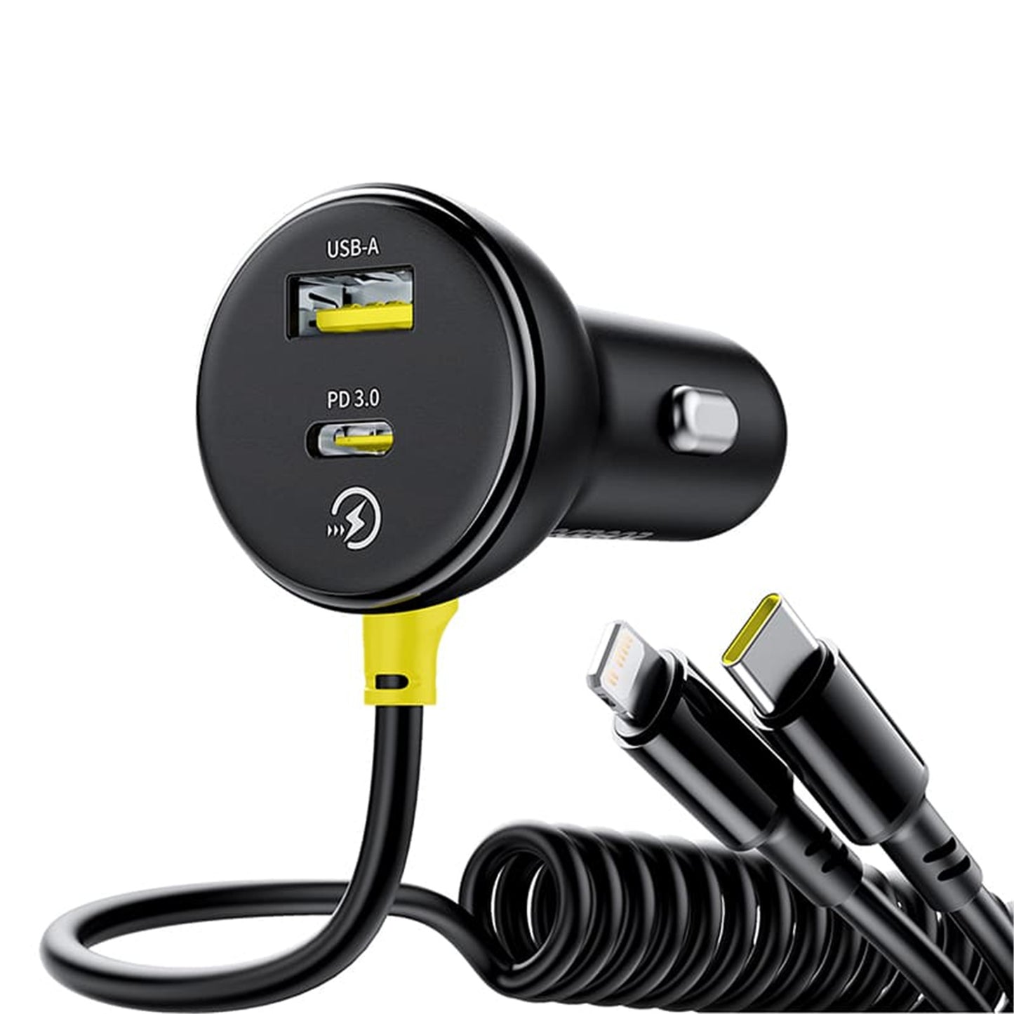 Baseus Circular Plastic Car Charger 60W + Spring Cable (Type-C & Lightning) - شاحن سيارة من باسيوس مع كيبل سبرنق تدعم ٦٠ واط