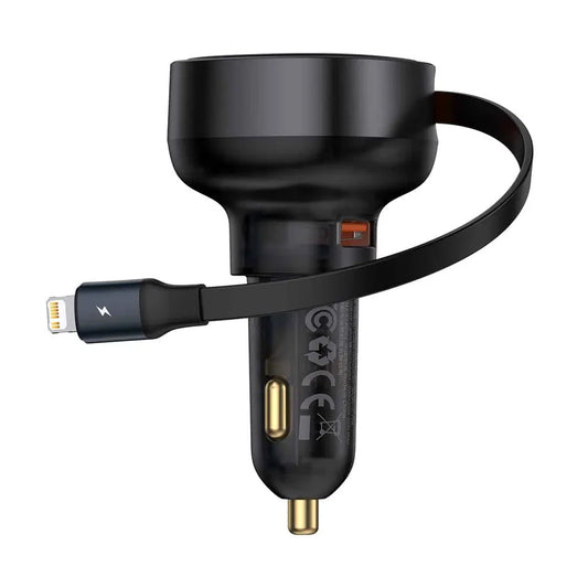 Baseus Enjoyment Pro Car Charger U+Retractable iP Cable 55W Black - شاحن سيارة من باسيوس مع كيبل قابل للسحب ايفون تدعم ٥٥ واط