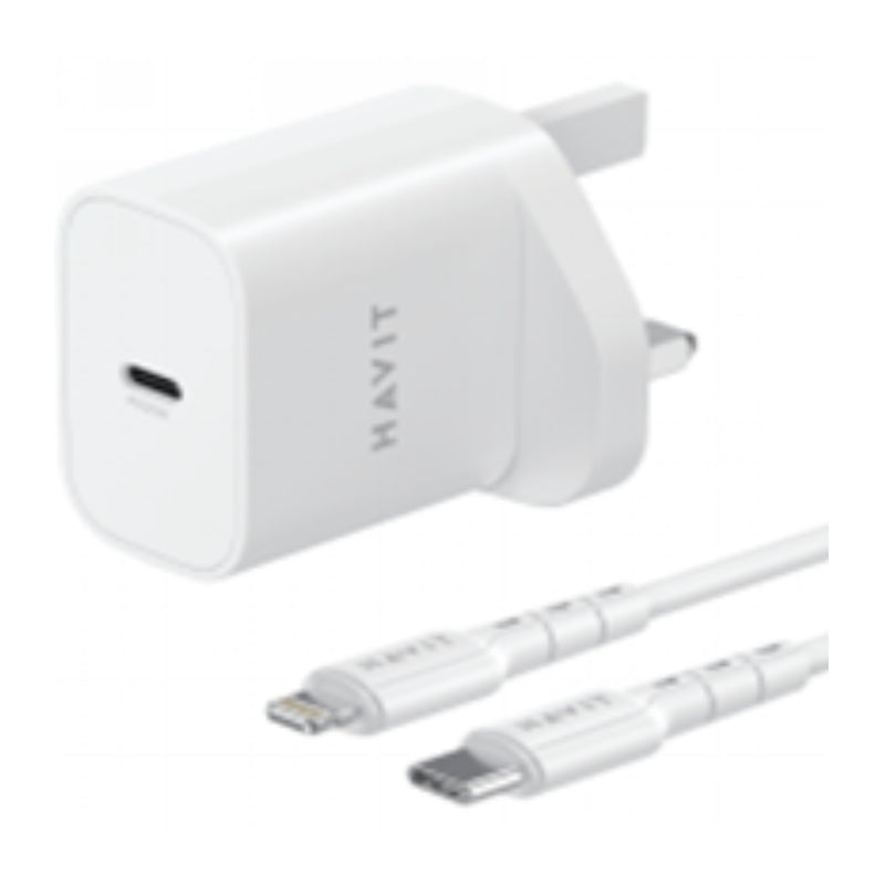 Havit ST711 UK charger and C to L cable 20W White - شاحن 20 واط مع كيبل تايب سي لايتننغ 30 واط من هافيت ابيض