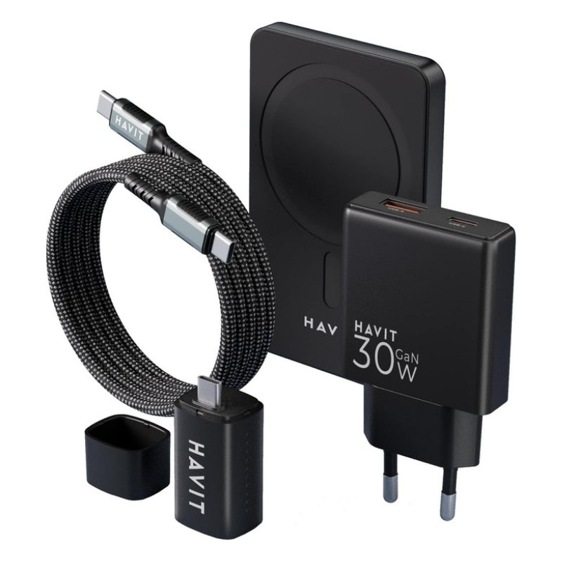 Havit 2024 gift kit EU Power bank black+gray - طقم هدايا باور بنك أسود ورمادي مع ملحقات شحن من هافيت اسود