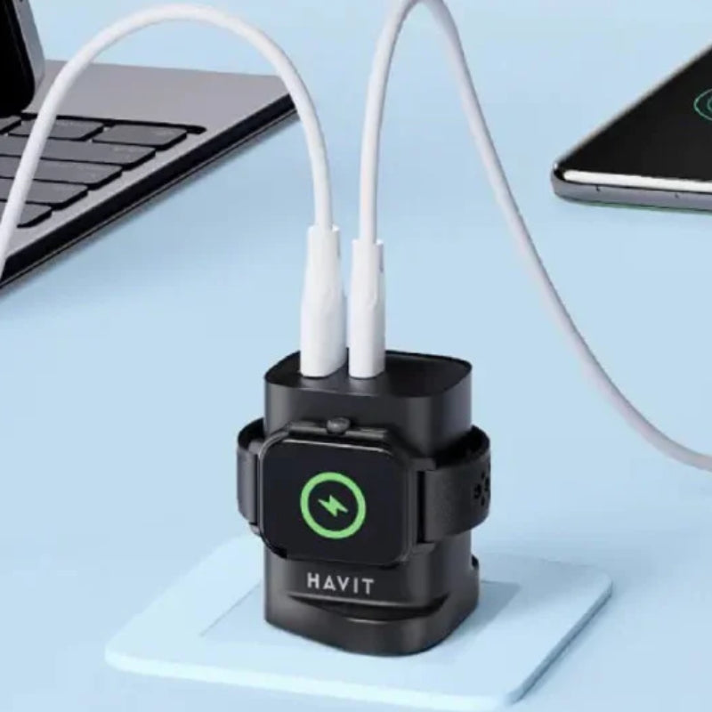 Havit UC132 UK charger 20W 2-port & watch Wireless charger 2W black - شاحن 20 واط مع شحن لاسيكي لساعه ابل من هافيت اسود