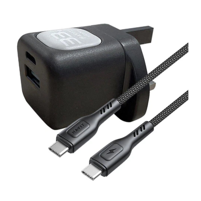 Havit UC230 UK charger 33W 2-port black+gray - شاحن 33 واط مع كيبل تايب سي تايب سي من هافيت