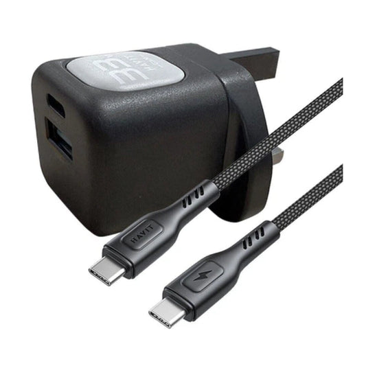 Havit UC230 UK charger 33W 2-port black+gray - شاحن 33 واط مع كيبل تايب سي تايب سي من هافيت