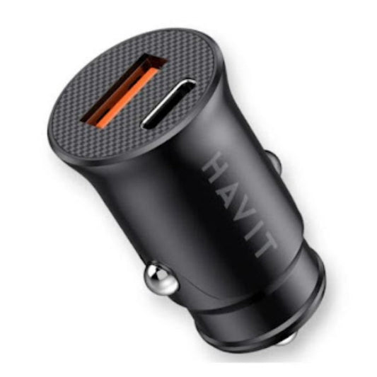 Havit CC2022 Dual USB PD 20W+QC3.0 Car Charger Black - شاحن سياره مزدوج المنافذ بقدره 20 واط من هافيت اسود