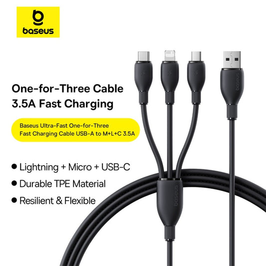 BASEUS Ultra-Fast 3 in 1 Fast Charging Cable USB to Micro USB & type-c & lightning - كيبل باسيوس ثلاثي يو اس بي الى ايفون وتايب سي ومايكرو ١.٣ متر