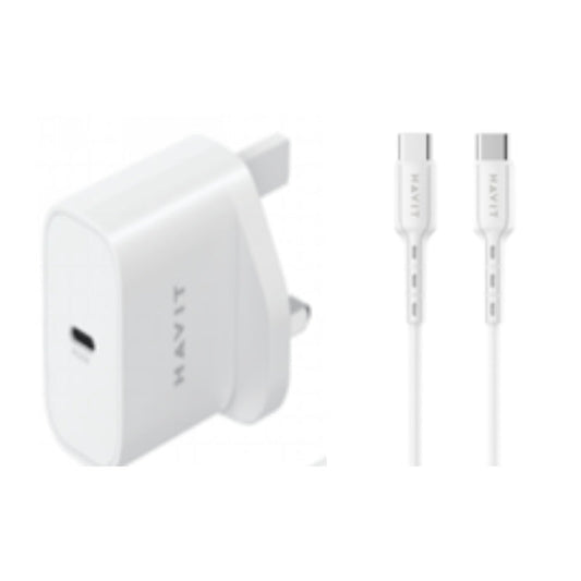 Havit ST712 UK charger and C to C cable 20W White - شاحن 20 واط مع كيبل تايب سي تايب سي 30 واط من هافيت