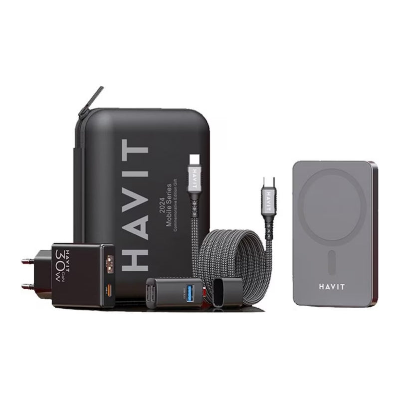 Havit 2024 gift kit EU Power bank black+gray - طقم هدايا باور بنك أسود ورمادي مع ملحقات شحن من هافيت اسود