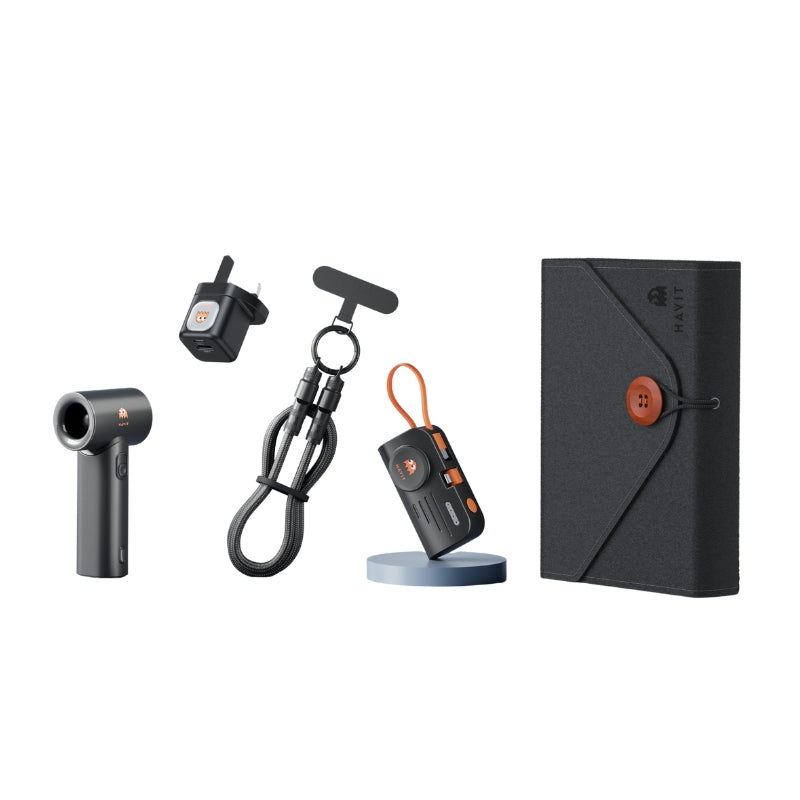 Havit STK011 UK Charger Kit BLACK - طقم شاحن مع مروحة محمولة وشاشة رقمية من هافيت اسود