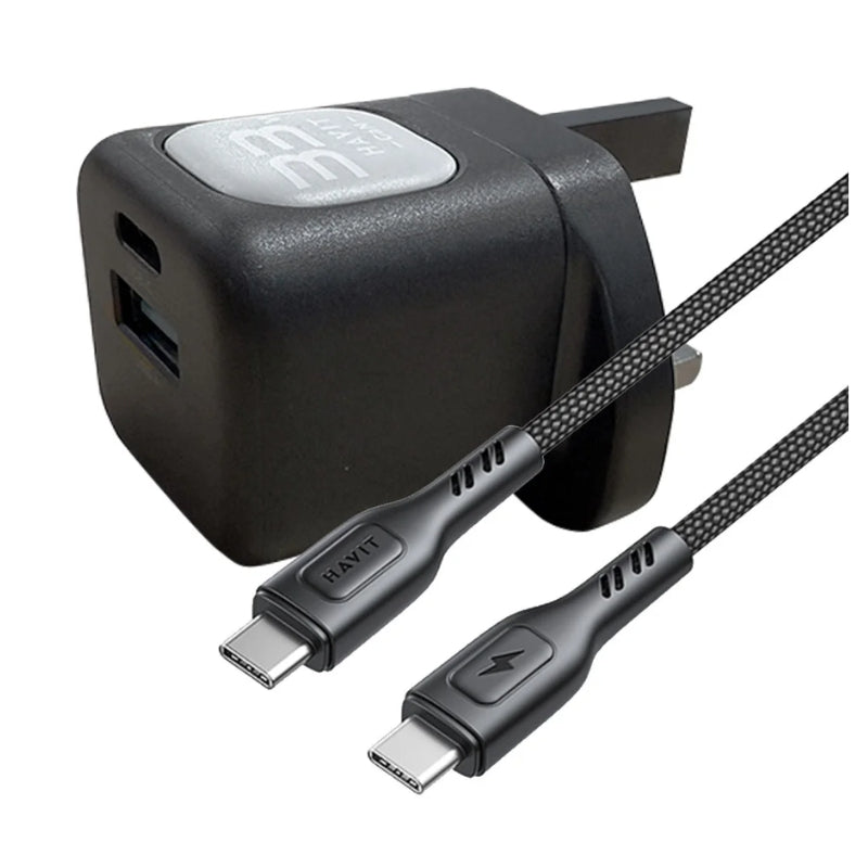 Havit UC230 UK Kit Charger 33W with cable C-C 60W black+gray - شاحن 33 واط مع كيبل تايب سي تايب سي 60 واط من هافيت