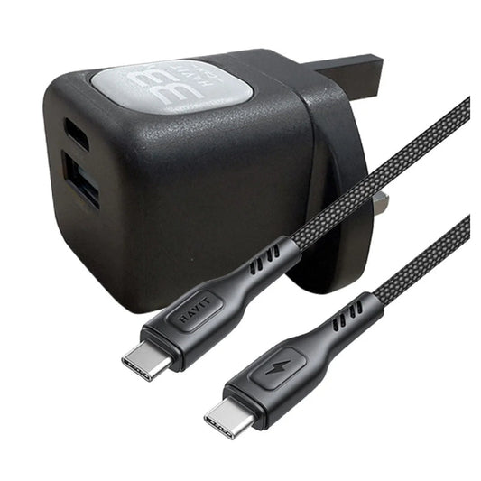 Havit UC230 UK Kit Charger 33W with cable C-C 60W black+gray - شاحن 33 واط مع كيبل تايب سي تايب سي 60 واط من هافيت