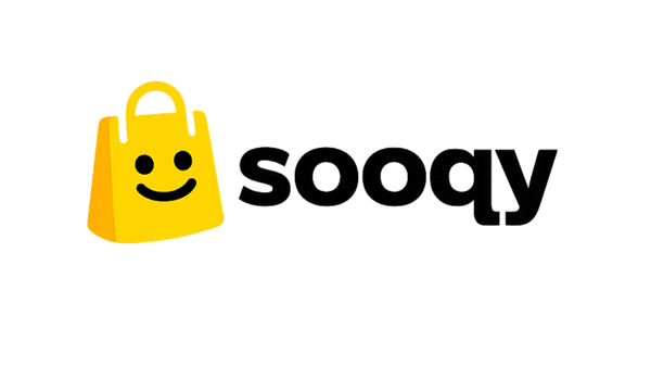 Sooqy logo with a yellow shopping bag featuring a smiley face on a white background