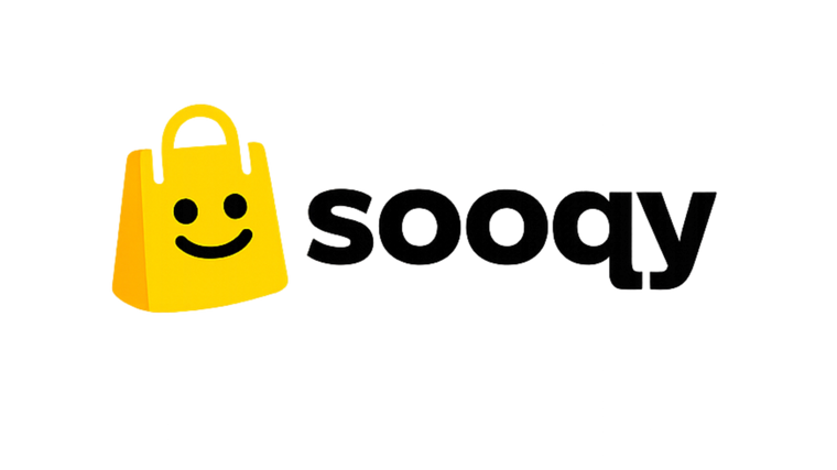 Sooqy logo with a yellow shopping bag featuring a smiley face on a white background