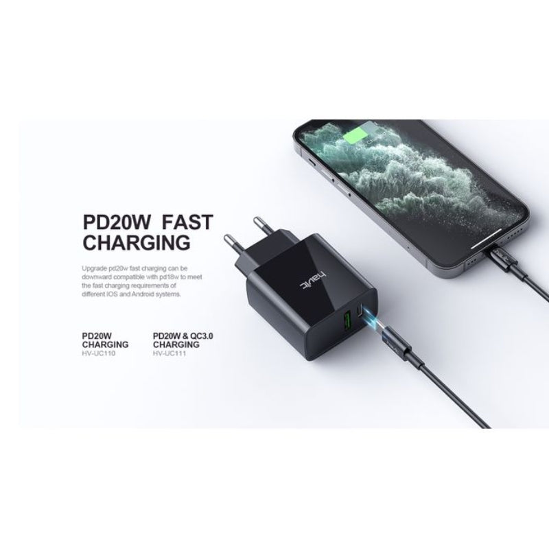 Havit UC220 UK charger PD20W 2-port black+gray -  شاحن 20 واط من هافيت