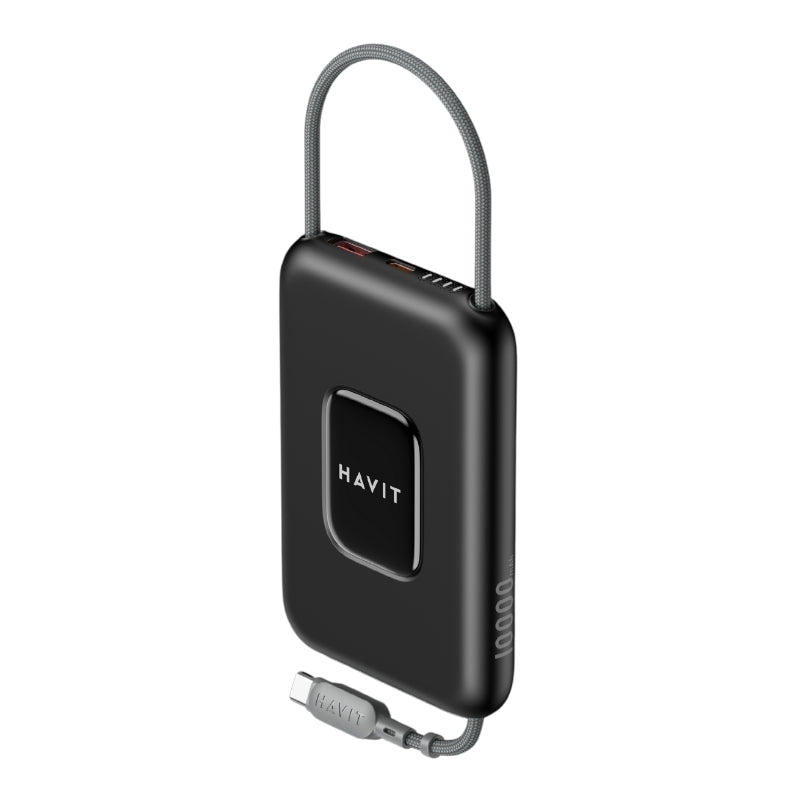 Havit PB32 Power bank 10000mA 22.5W Black - باوربنك 10000 ملي امبير 22.5 واط مع كيبل تايب سي مدمج من هافيت اسود