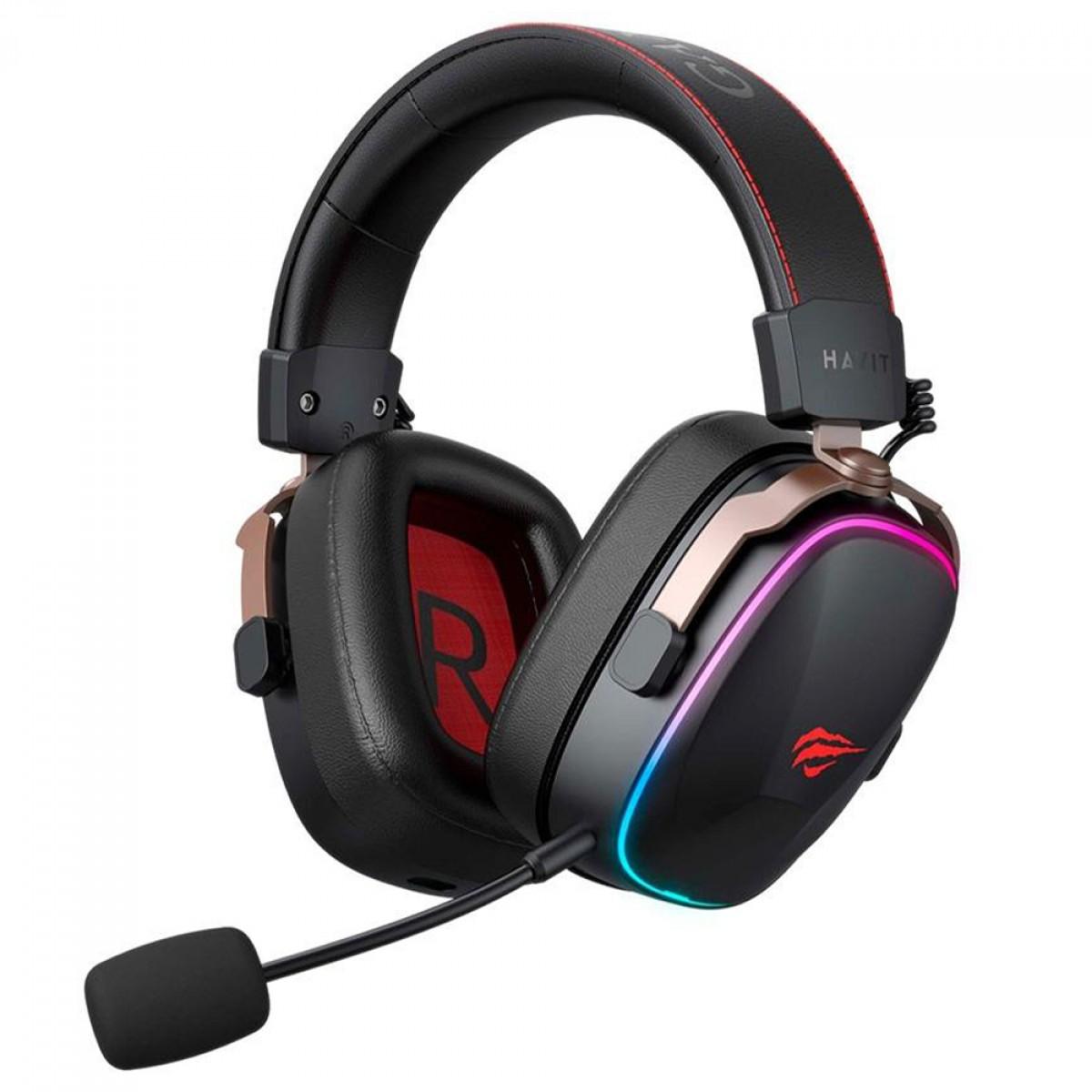 Havit H2039BG Gaming Headphone BT & Wired 3.5 mm Jack RBG Strip Black + Ochre - سماعات سلكية ولاسلكية هيدسيت للالعاب من هافيت