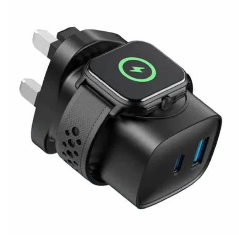 Havit UC132 UK charger 20W 2-port & watch Wireless charger 2W black - شاحن 20 واط مع شحن لاسيكي لساعه ابل من هافيت اسود