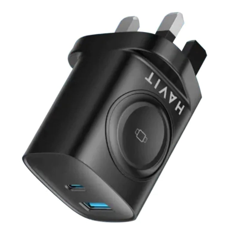 Havit UC132 UK charger 20W 2-port & watch Wireless charger 2W black - شاحن 20 واط مع شحن لاسيكي لساعه ابل من هافيت اسود