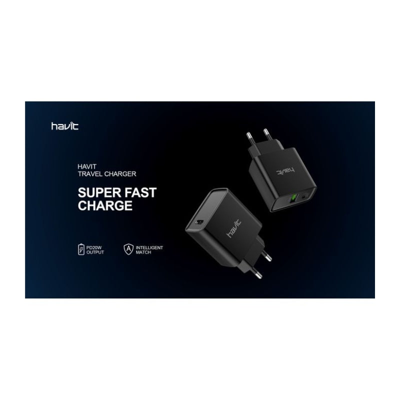 Havit UC220 UK charger PD20W 2-port black+gray -  شاحن 20 واط من هافيت